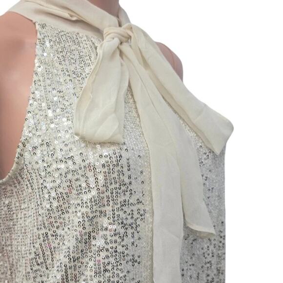 NWT Calvin Klein Sequin Top Blouse Size M Sleeveless Tie Front Halter neck Cream - Picture 6 of 13